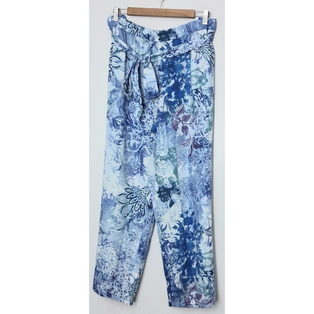 Susan Graver Pants Size XLP Petite Blue Printed Dove Twill Wide Leg Tie Preowned